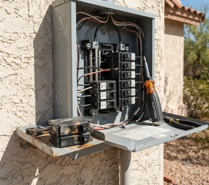 Open electrical breaker panel mounted on a stucco wall with wires exposed and cover hanging open
