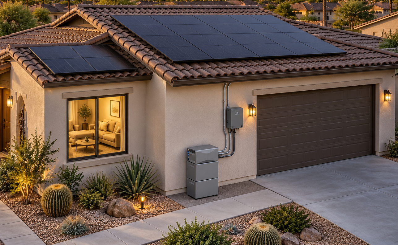 Modern single-story house with solar panels, lit windows, and a two-car garage at sunset