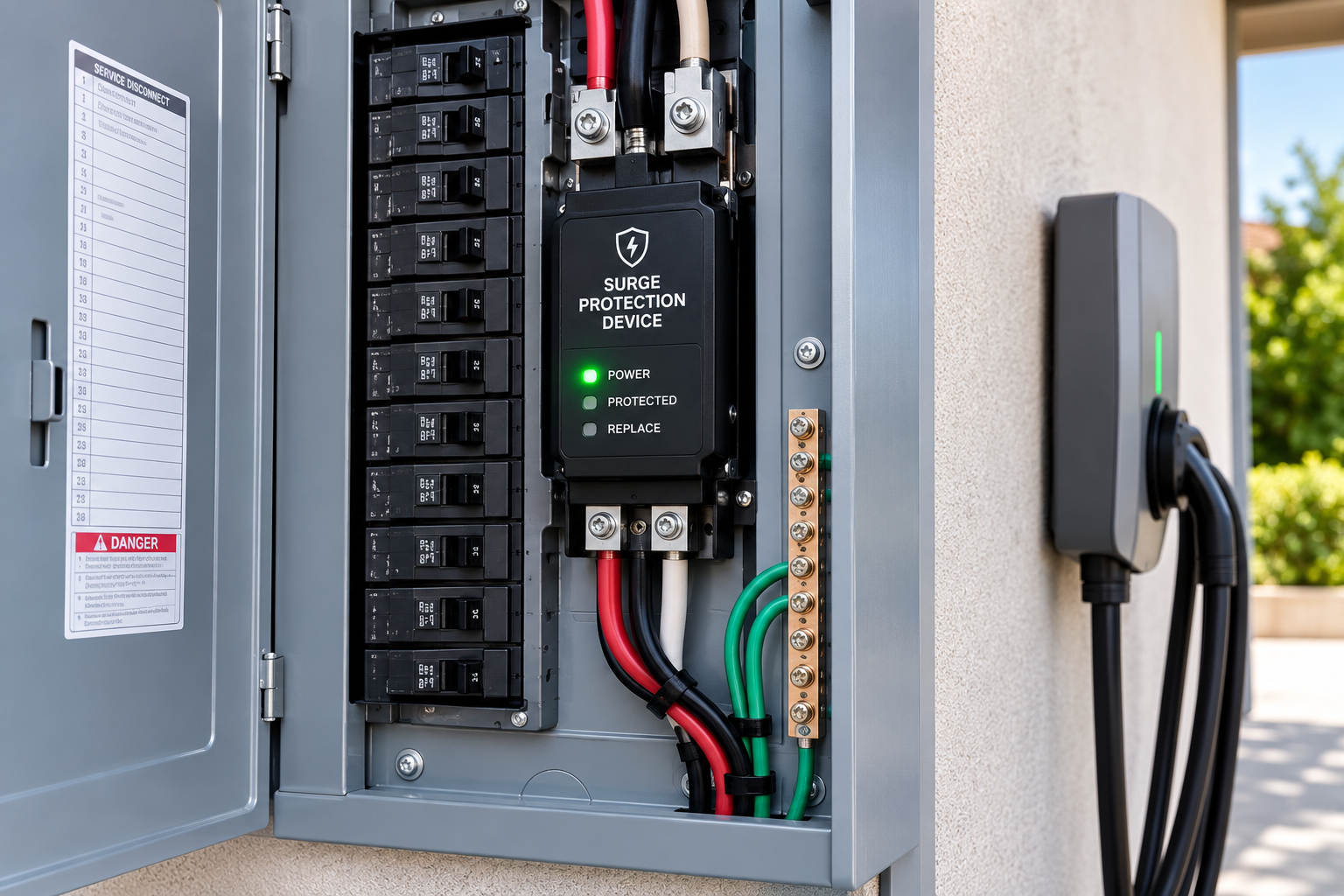 Open electrical panel with EV charging equipment and wall-mounted charger outdoors