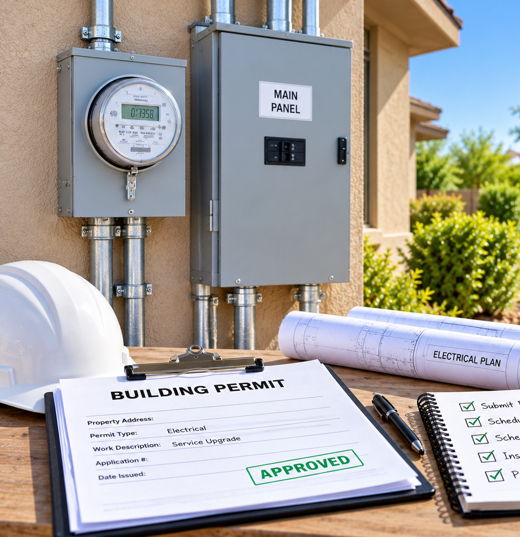 Building permit documents and approved stamp beside electrical boxes at a house exterior.