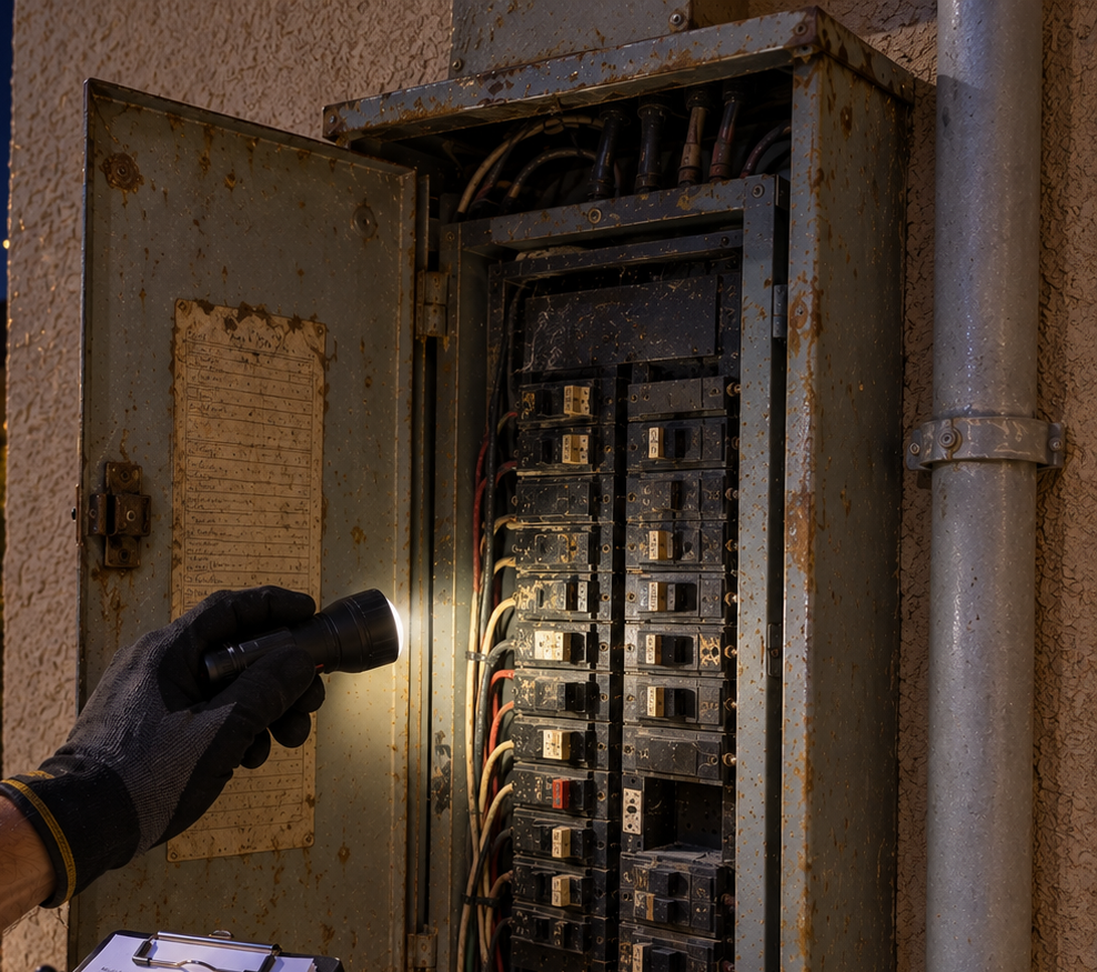 Gloved hand pointing at an open electrical breaker panel in a weathered utility box