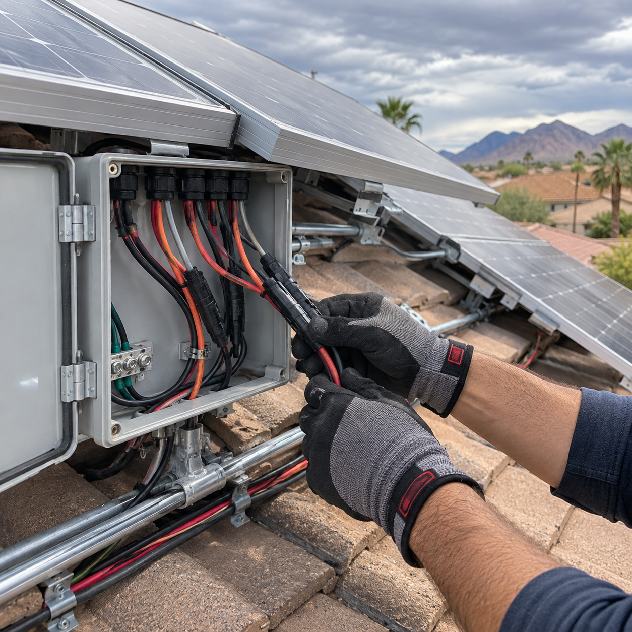 Worker repairing rooftop electrical wiring beside open junction boxes on a shingled roof