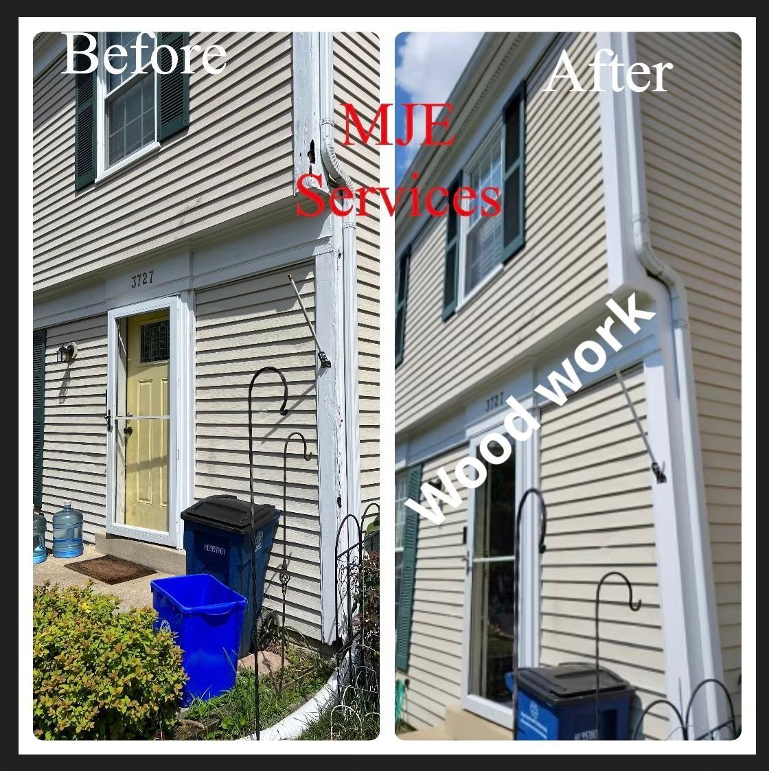 Before-and-after house siding repair showing damaged vinyl replaced and finished by MJE Services; “work in progress” label.