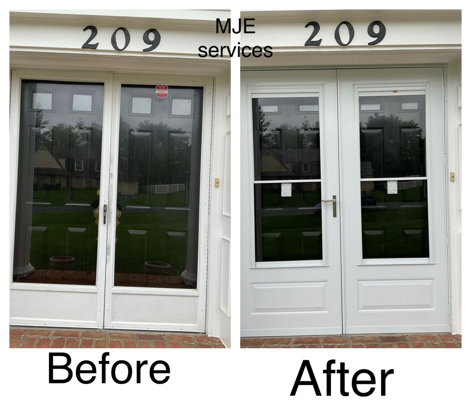 Before-and-after of a storefront entrance, showing old dark glass doors replaced with white double doors.