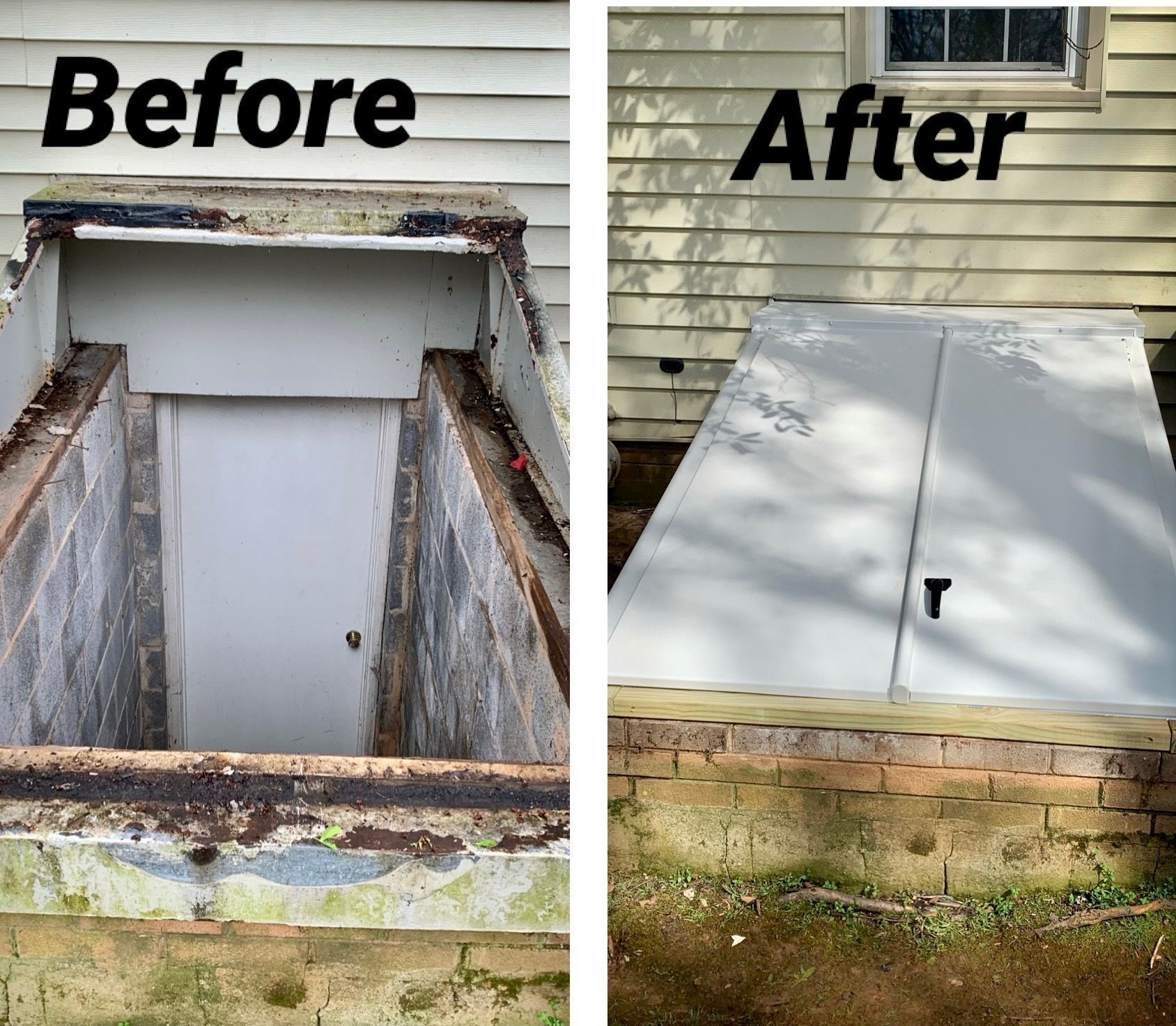 Before-and-after of a basement hatch sealed with a white cover over a brick foundation opening.