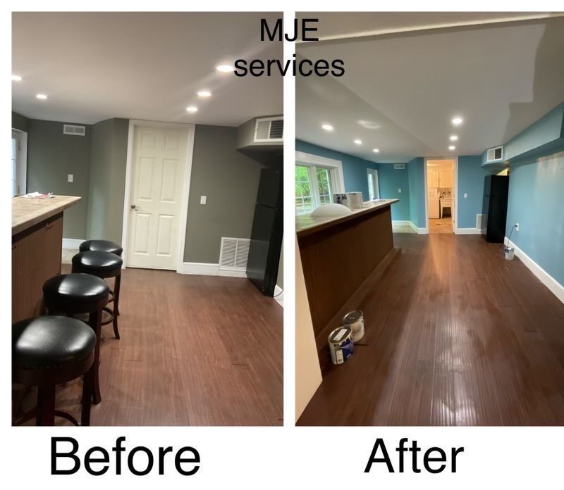 Before-and-after view of a renovated basement room with new wood flooring and teal walls.