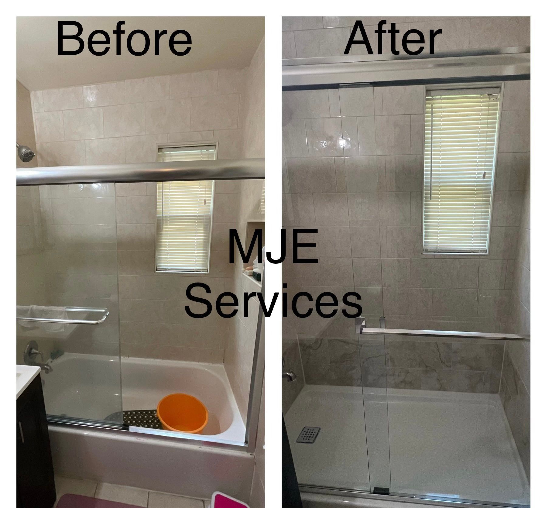 Before-and-after bathroom shower renovation, with a cleaned, updated shower stall and tiled walls.