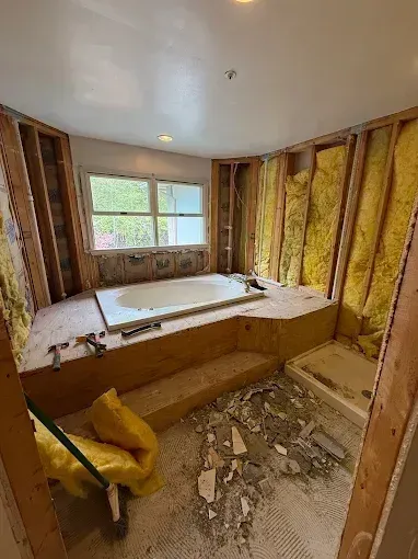 Partially demolished bathroom with exposed insulation, debris on floor, and a tub under a window