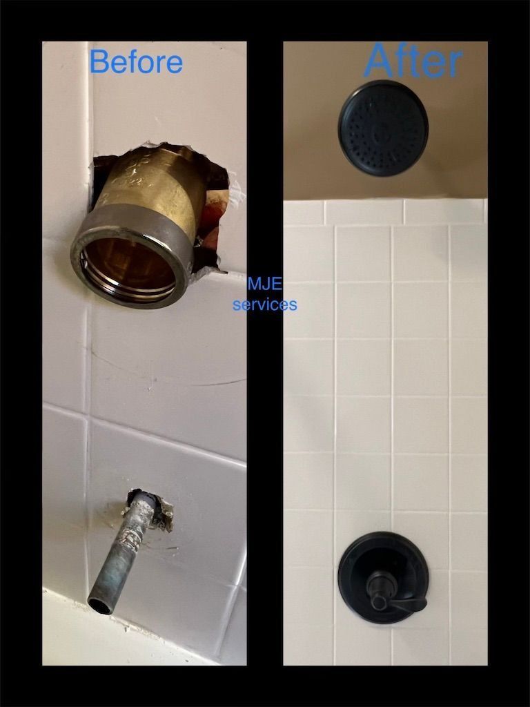 Before-and-after bathroom wall repair: pipe removed, two black caps on tiled shower wall.