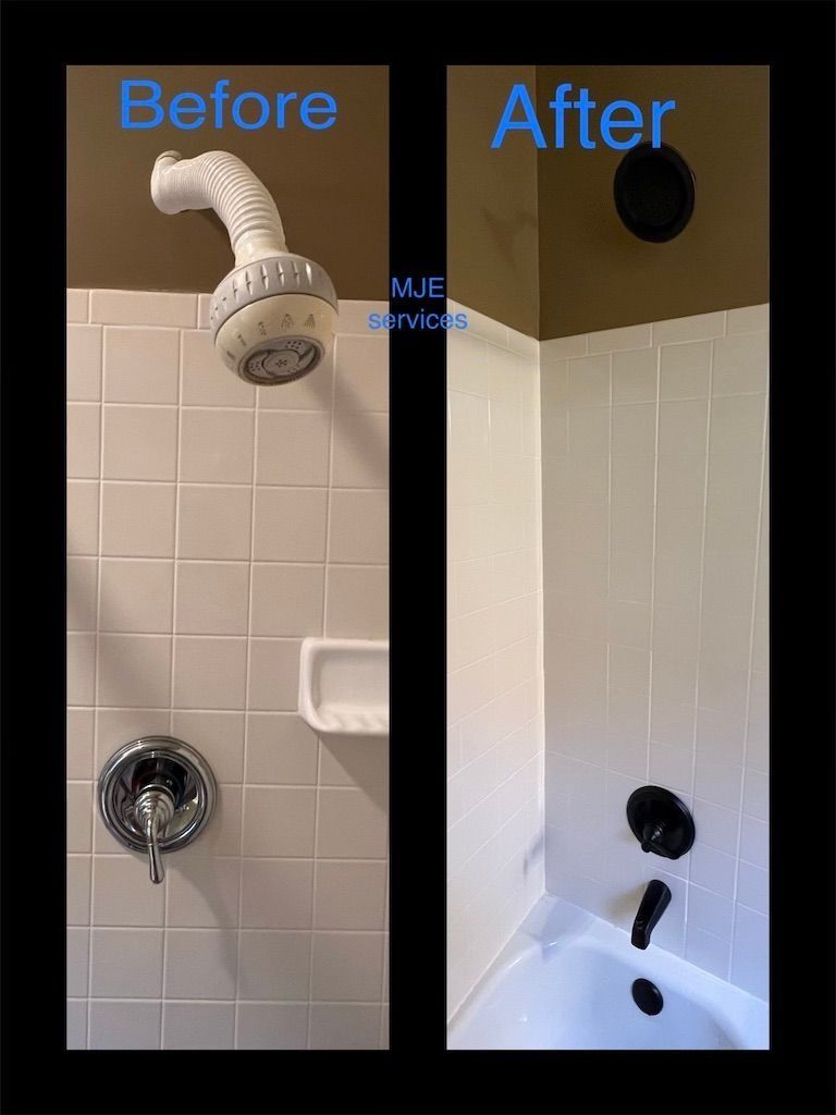 Before-and-after shower repair: broken pipe removed, leaving a capped wall opening and showerhead mount.