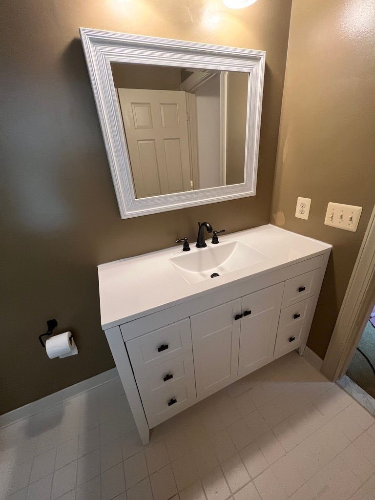 Modern bathroom vanity with white cabinet, sink, mirror, and dark walls; toilet paper holder on left.