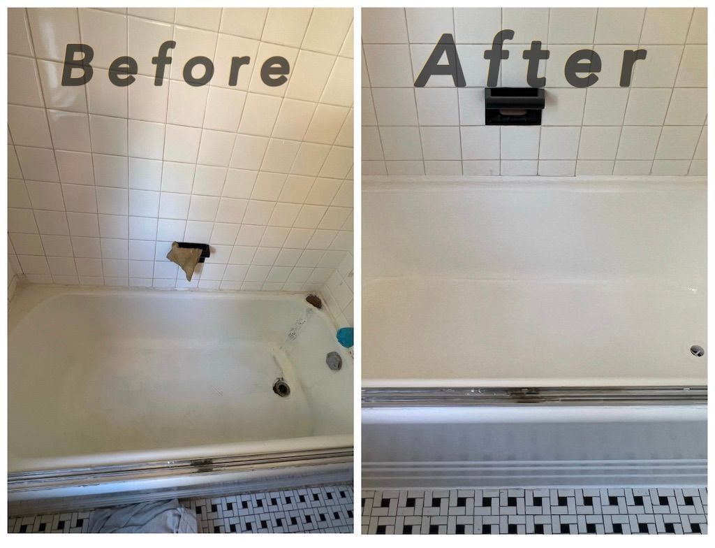 Before-and-after bathroom tub wall repair: damaged tile panel replaced with smooth white wall.