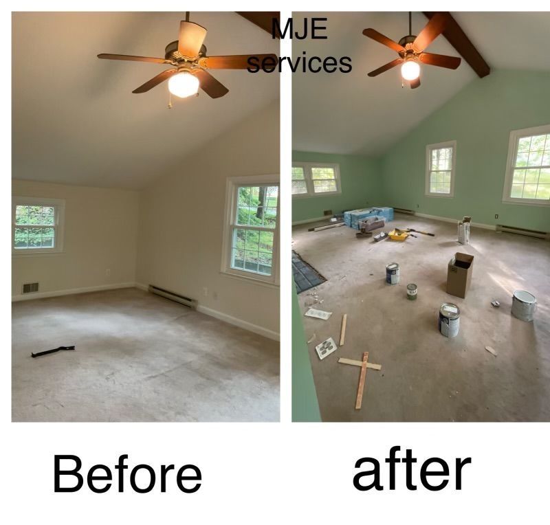 Before-and-after of a painted room: beige carpeted room becomes light green with tools on the floor.