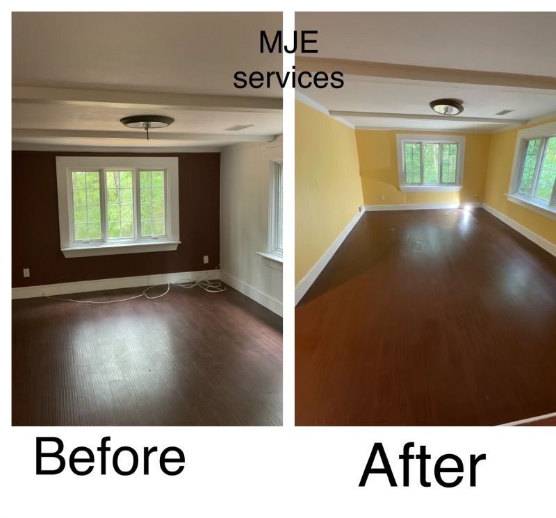 Before-and-after of a living room renovation, showing dark walls and floor changed to light walls and wood floor.
