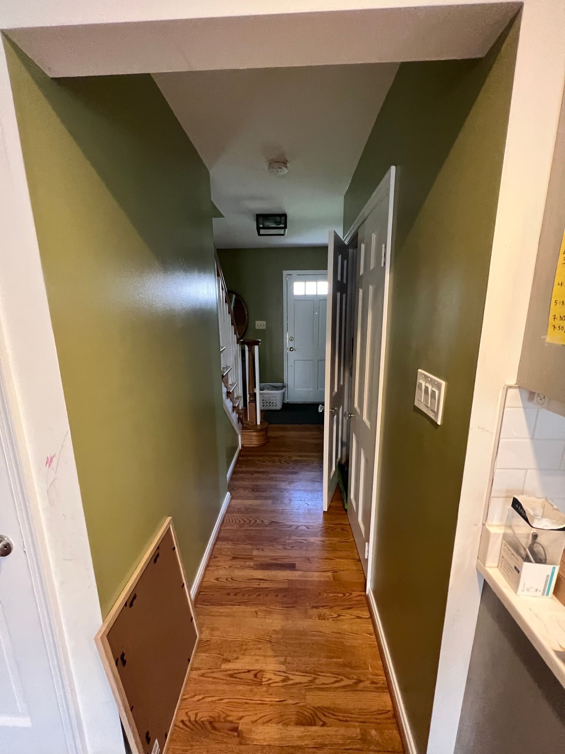 Narrow indoor hallway with green walls, wood floor, and doors along the right side.