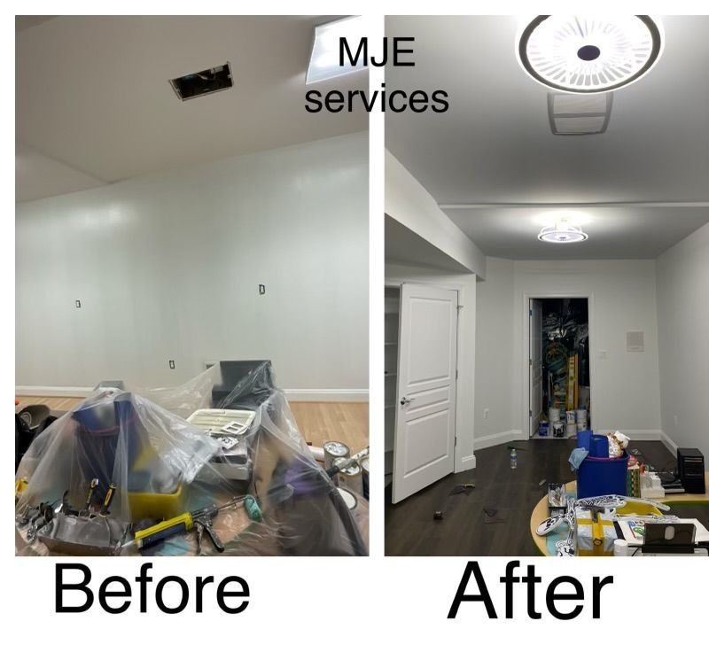 Before-and-after of a room renovation: cluttered room with plastic-covered items, then clean white hallway with recessed lights.