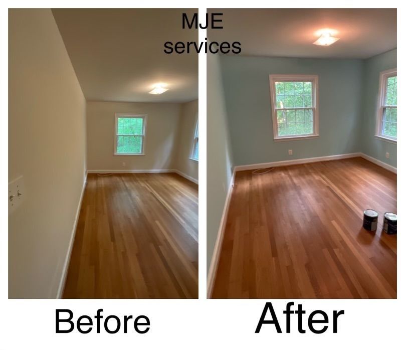 Before-and-after of a freshly refinished hardwood room with blue walls and windows.
