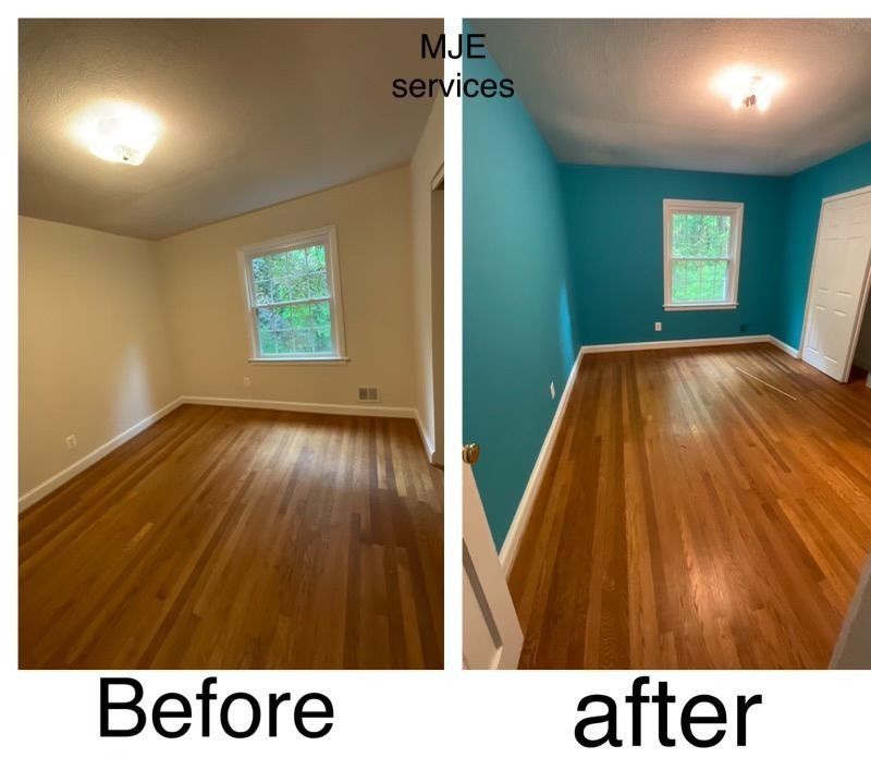 Before-and-after of a small room repaint: beige walls to teal, with polished wood floors.