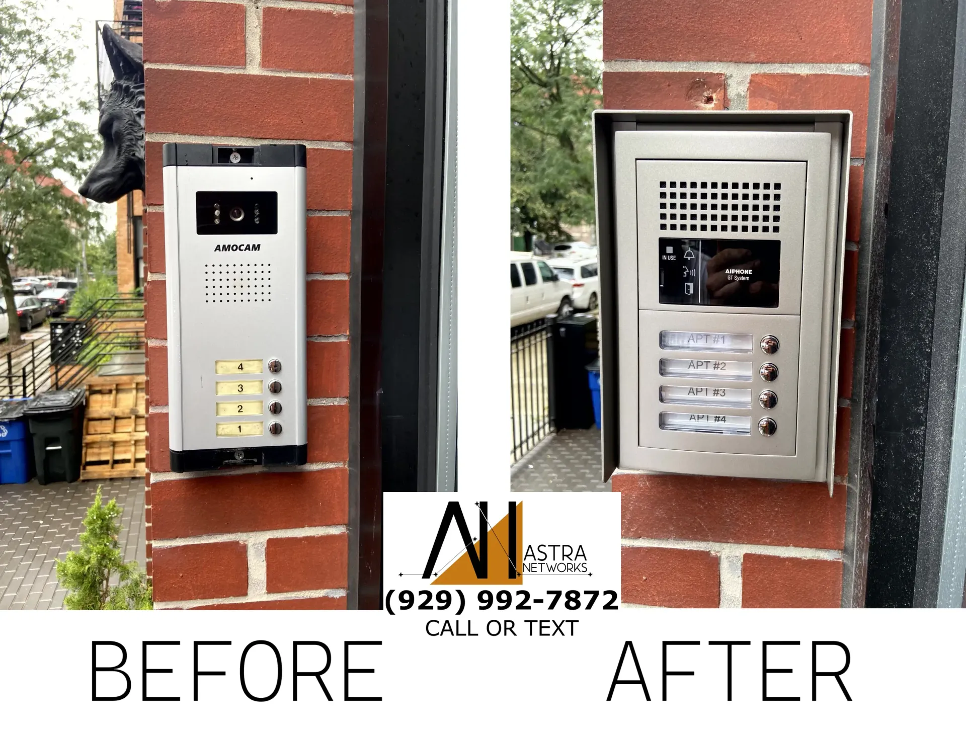 A before and after picture of a doorbell on a brick wall