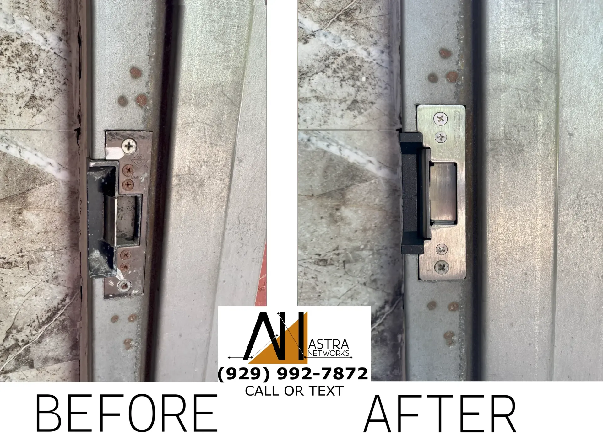 A before and after picture of a door lock
