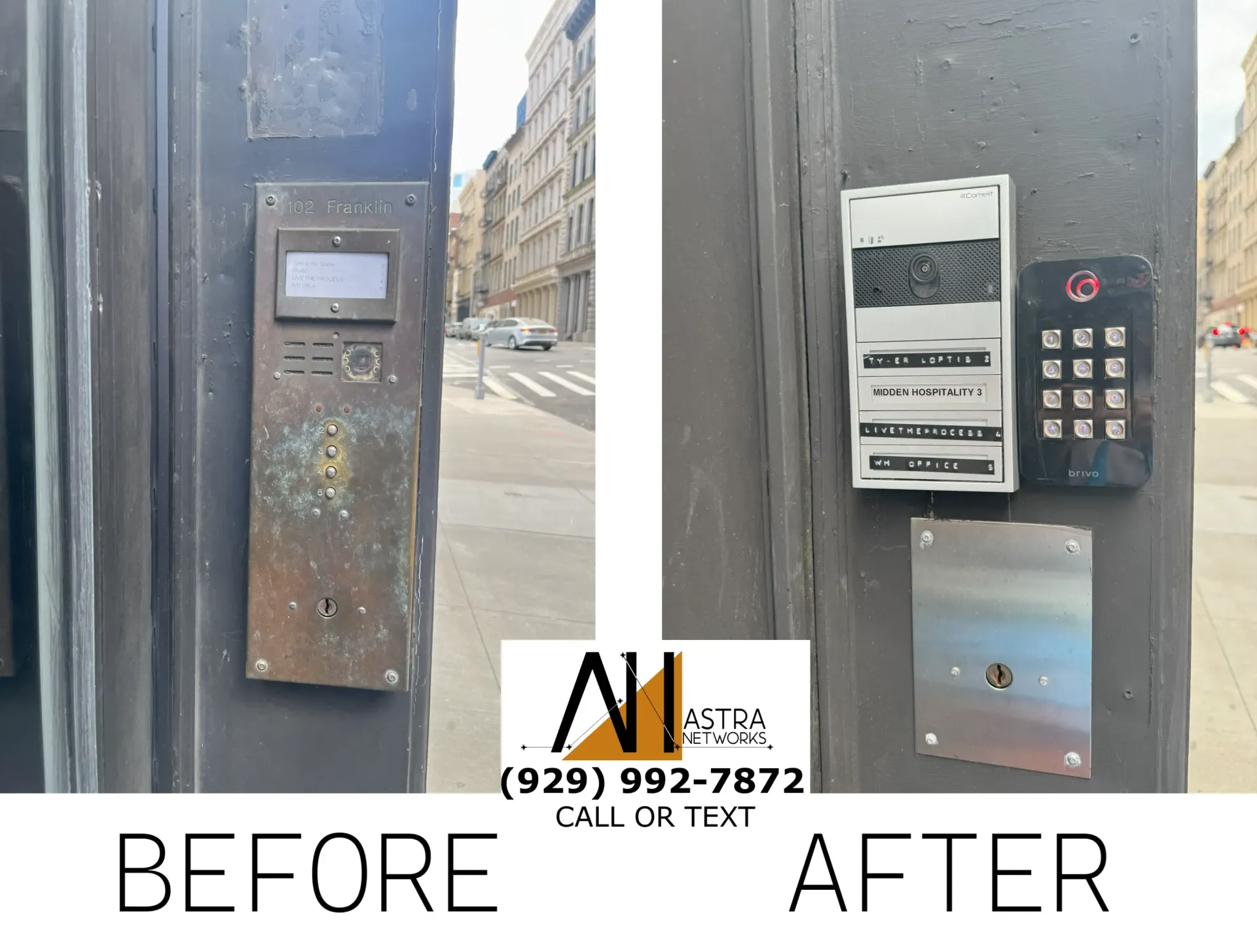 A before and after picture of a doorbell on a building