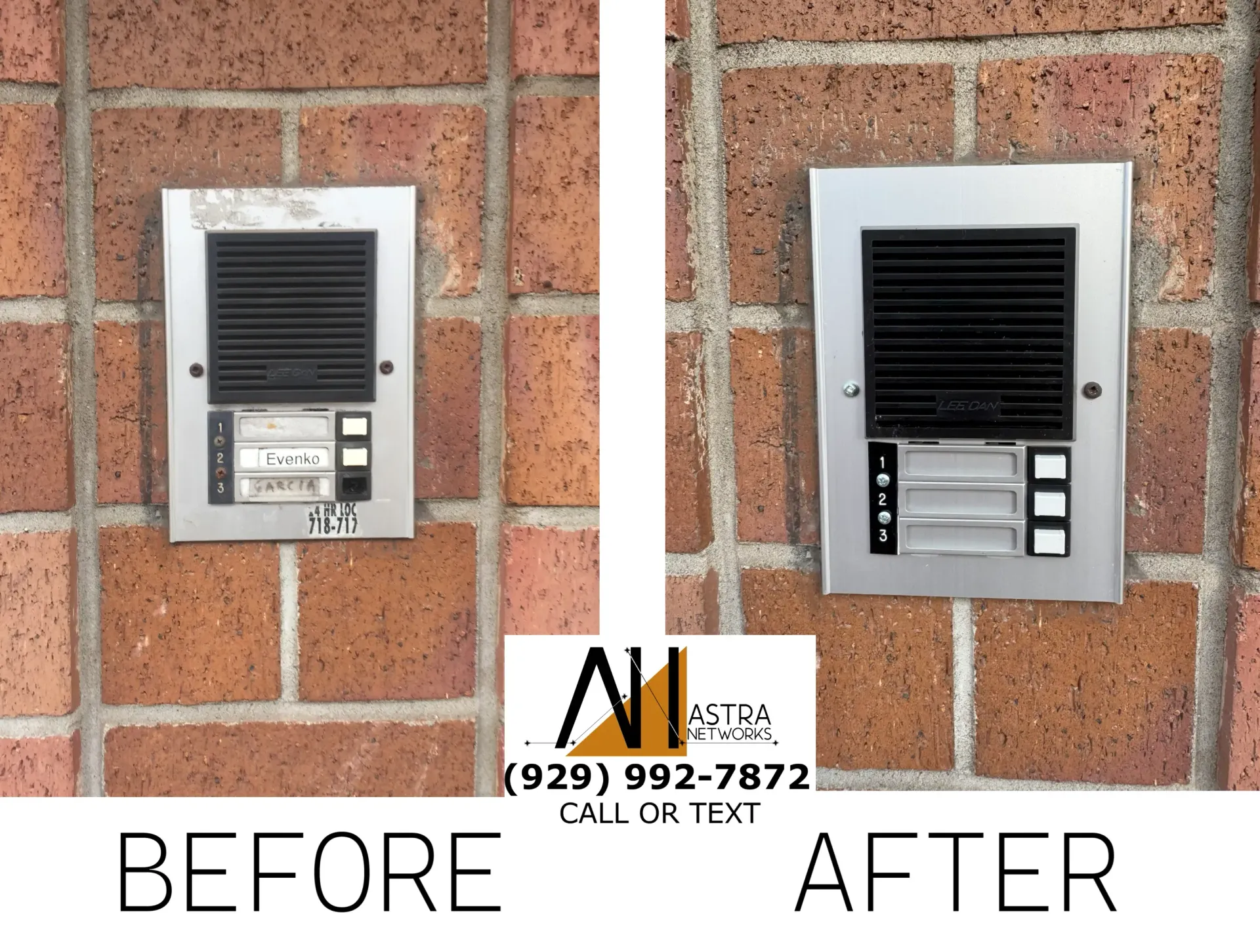 A before and after picture of a doorbell on a brick wall