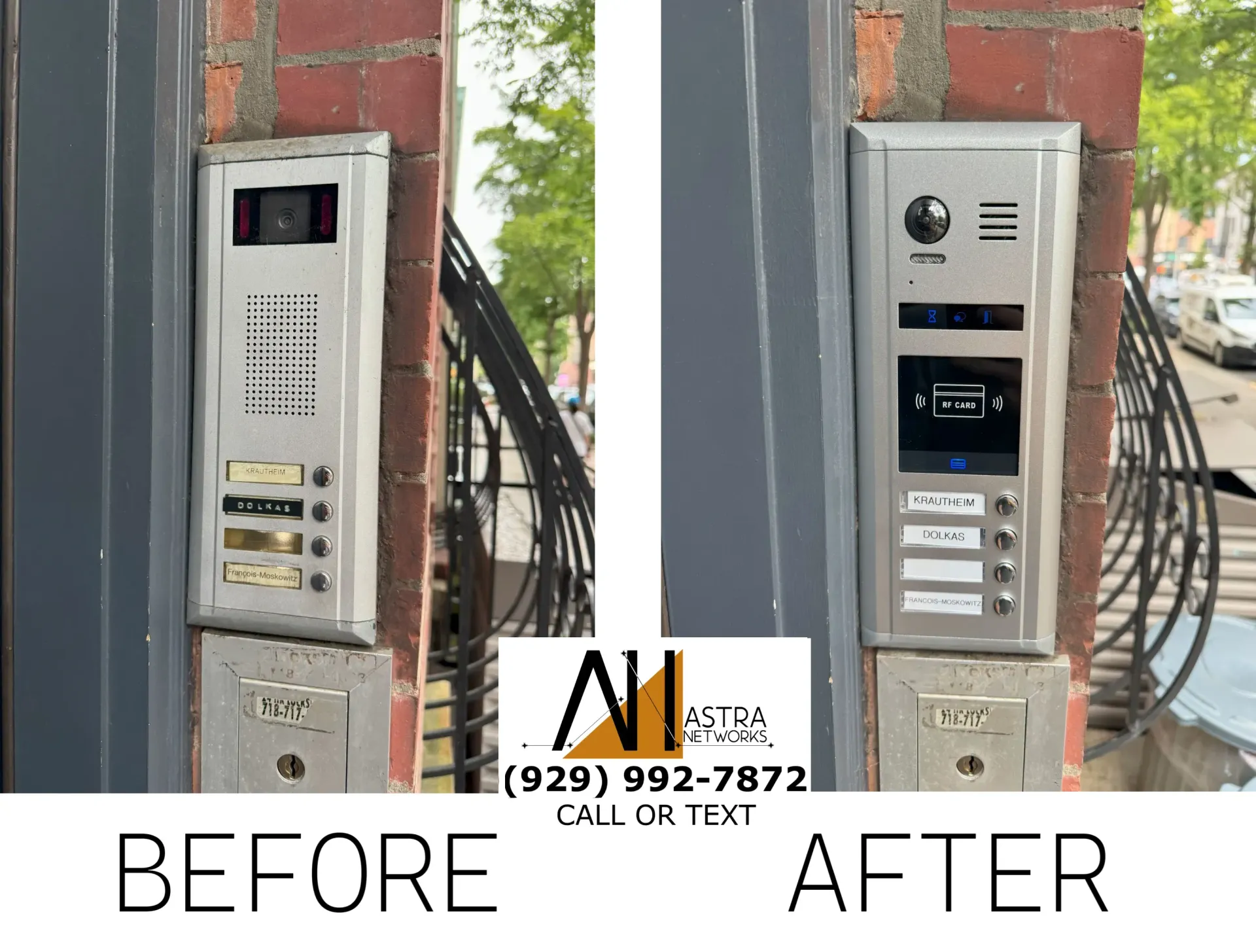 A before and after picture of a doorbell on a brick wall.