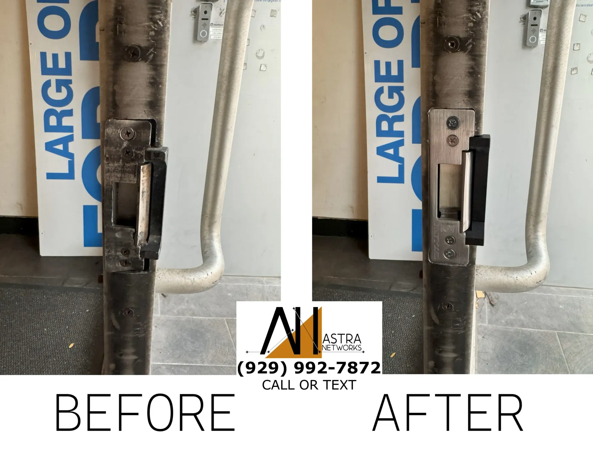 A before and after picture of a large door