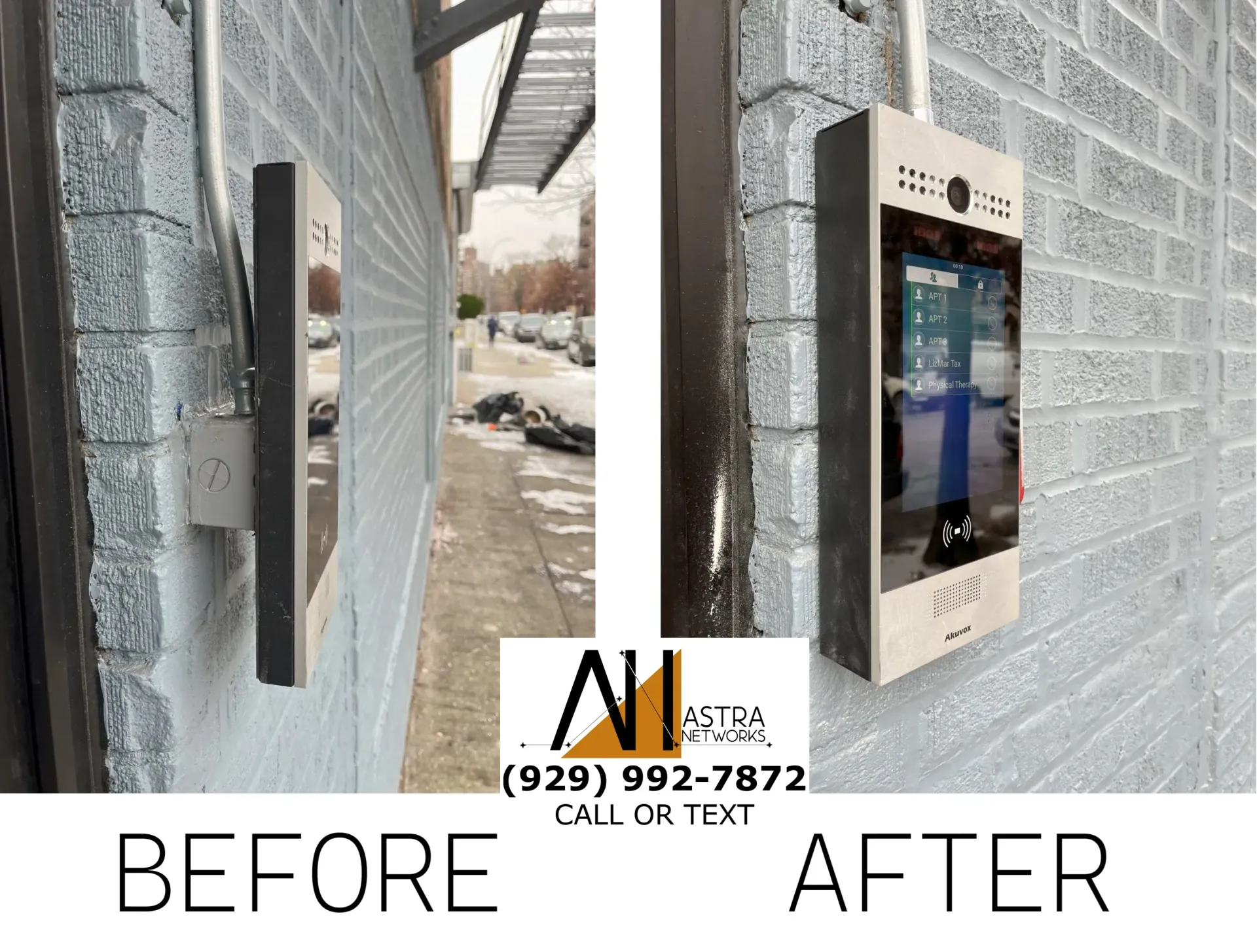 A before and after picture of a phone on a brick wall.