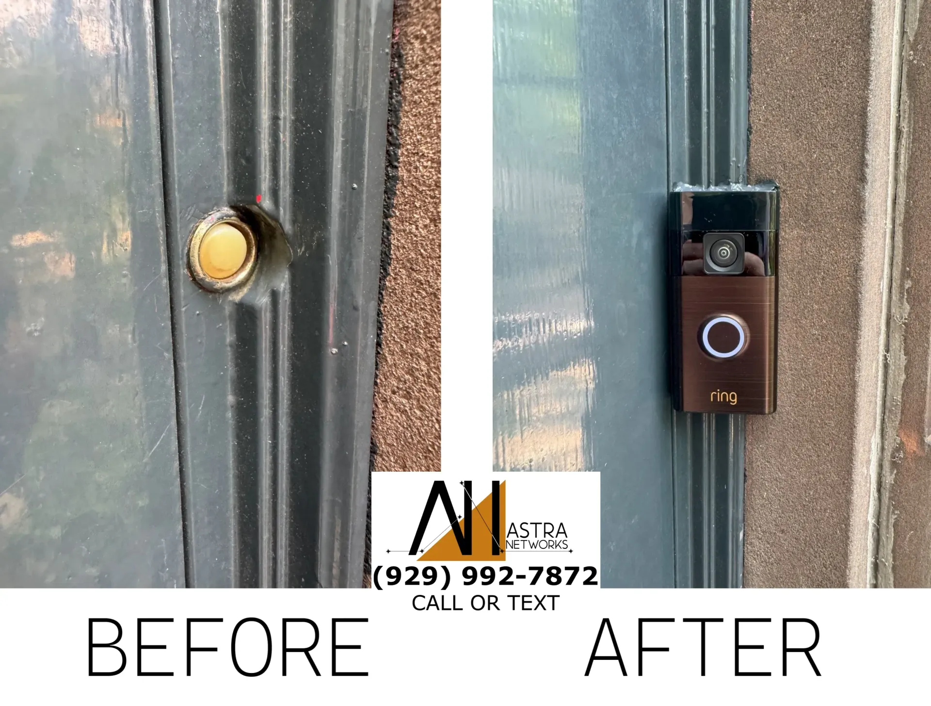 A before and after picture of a door with a doorbell on it.