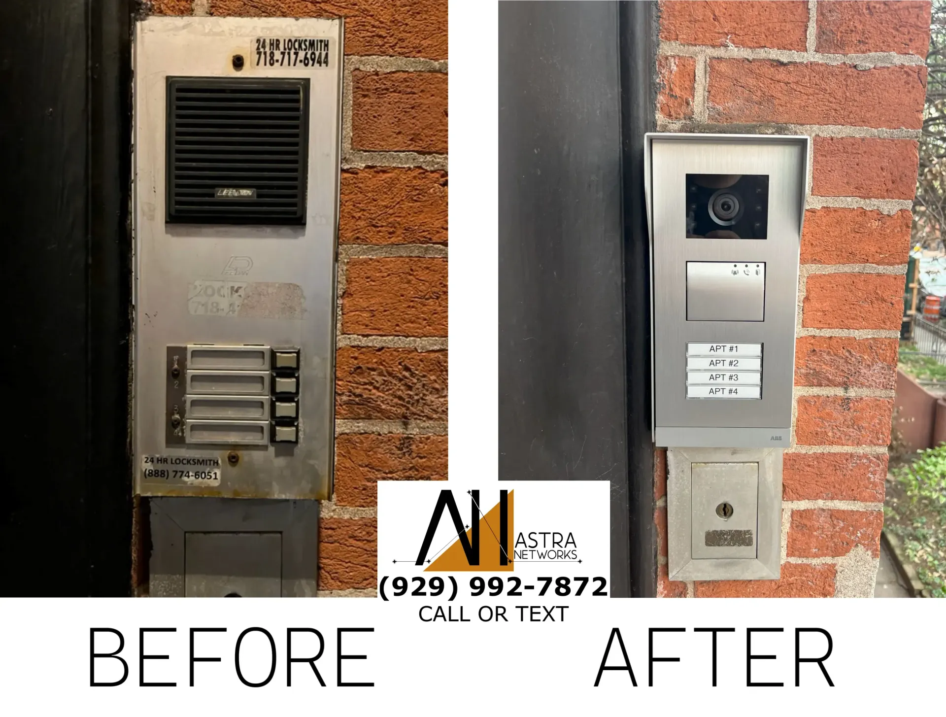 A before and after picture of a doorbell on a brick wall