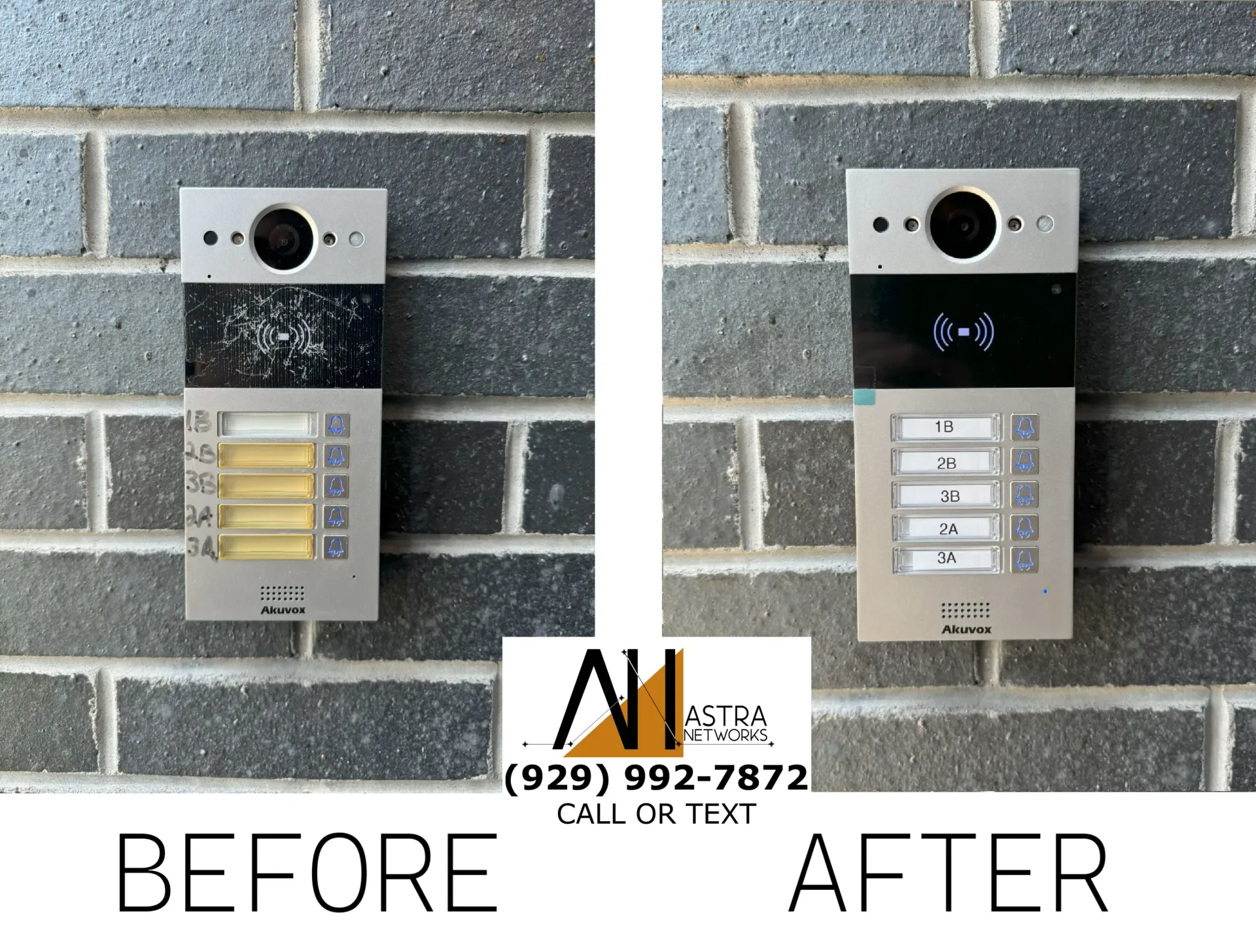 A before and after picture of a doorbell on a brick wall