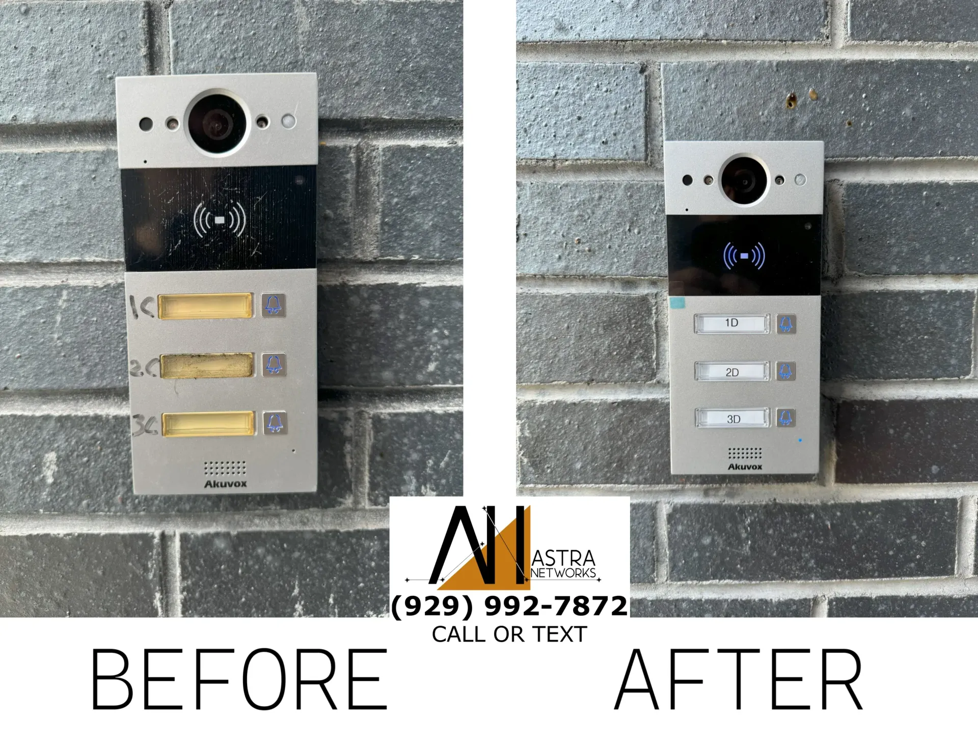 A before and after picture of a doorbell on a brick wall