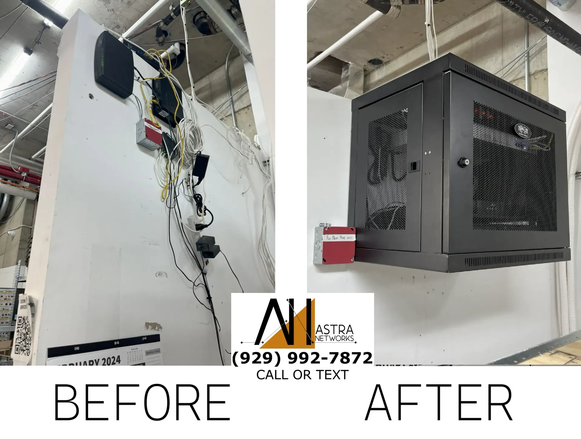 A before and after picture of a wall mounted server rack.
