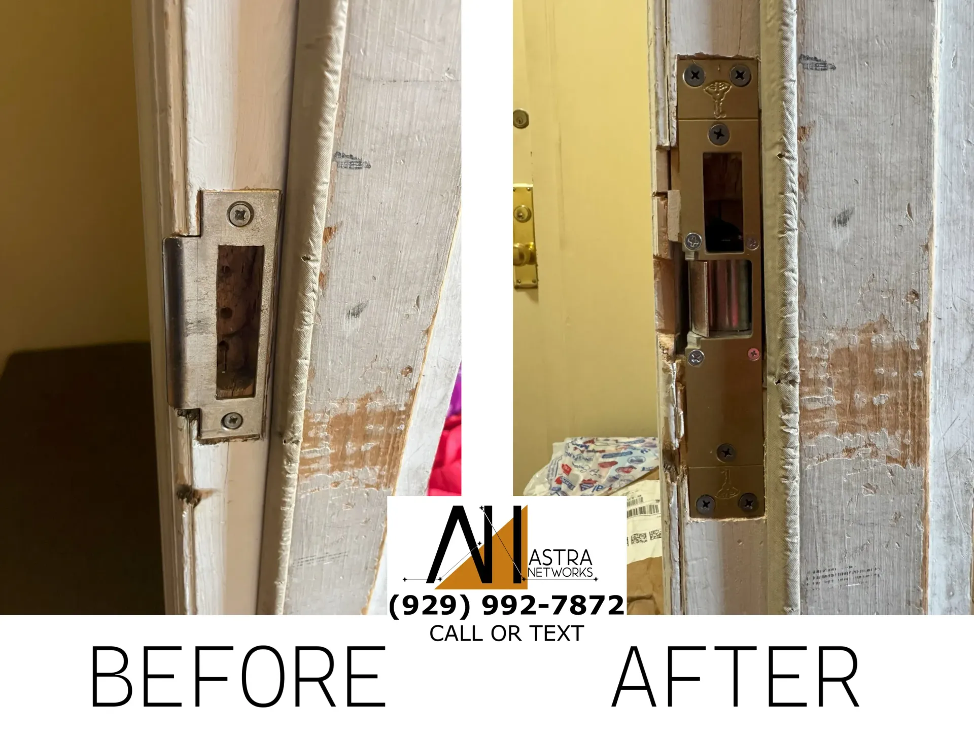 A picture of a door before and after being repaired