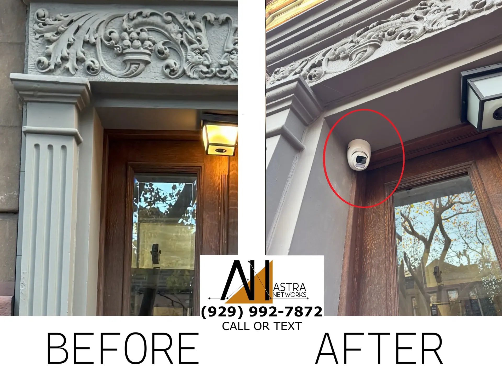 A before and after picture of a door with a camera on it