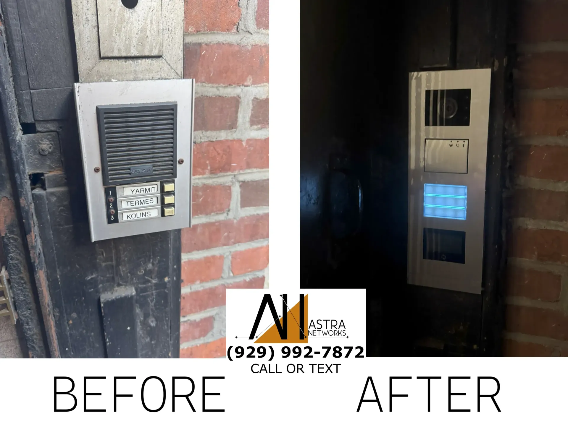 A before and after picture of a doorbell on a brick wall