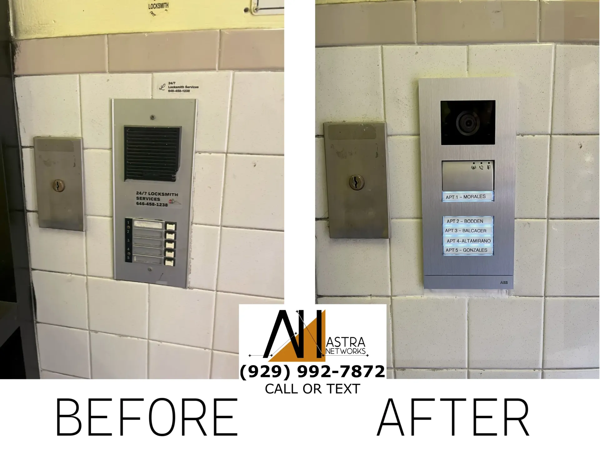 A before and after picture of a doorbell on a tiled wall