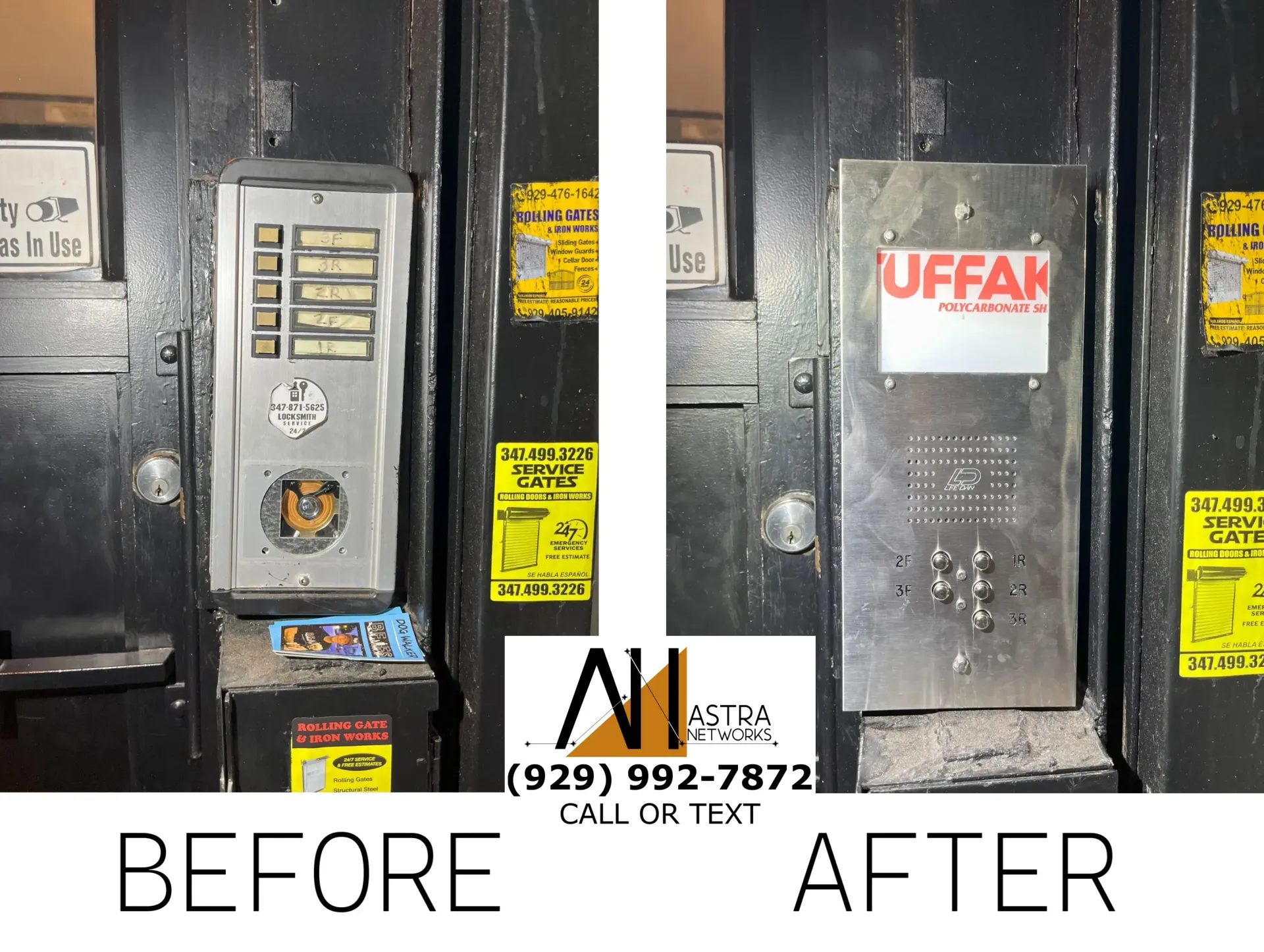 A before and after photo of an elevator with a sign that says uffan