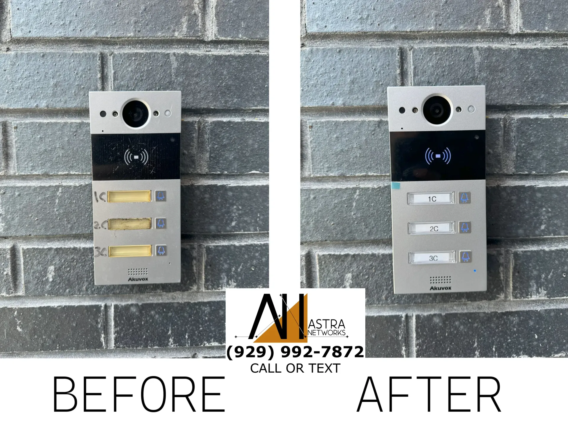 A before and after picture of a doorbell on a brick wall