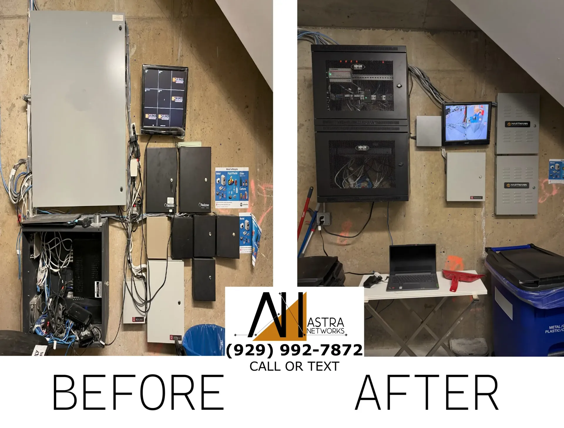 A before and after picture of a server room