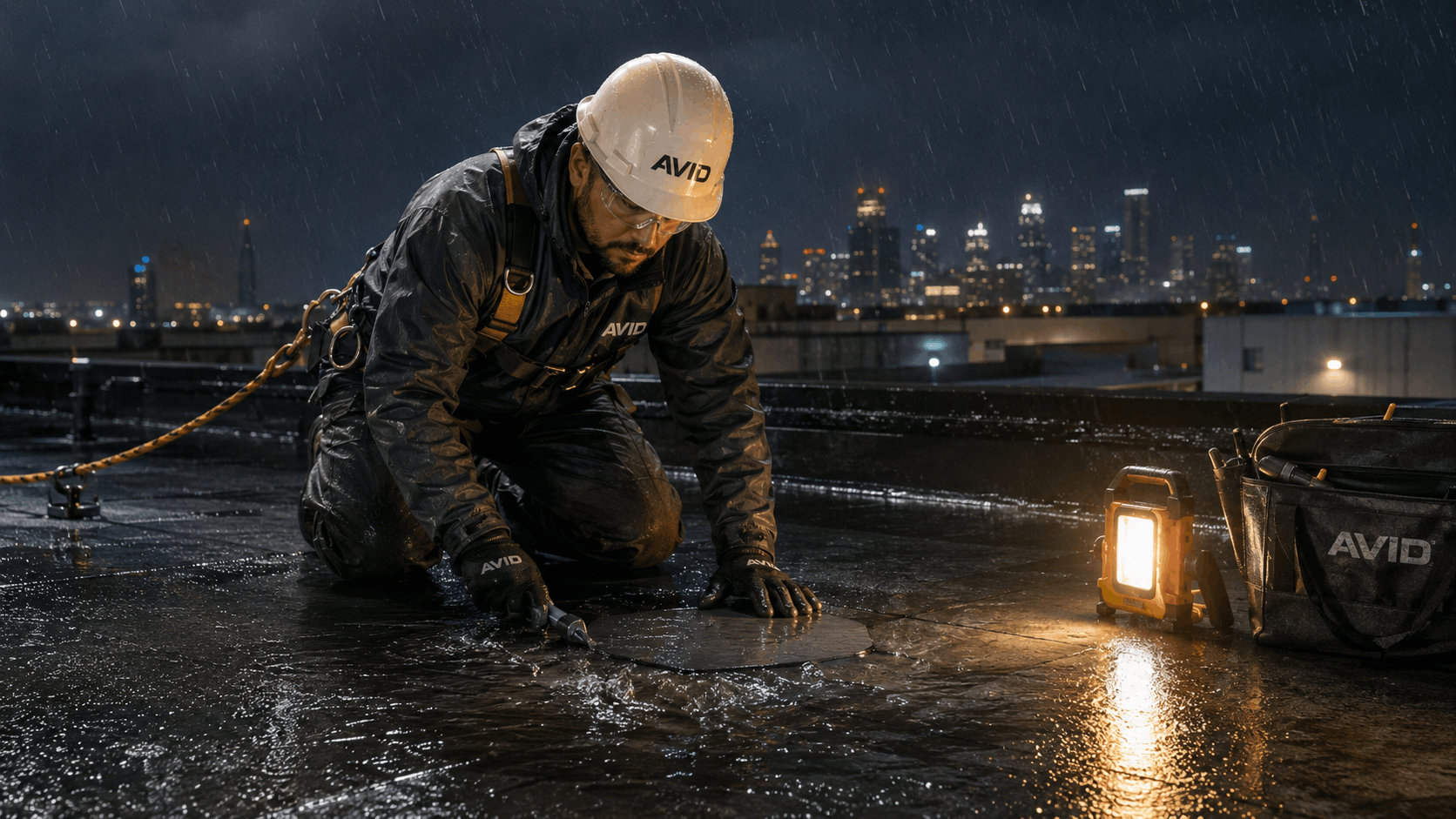 Worker in white hard hat kneeling on a wet rooftop at night beside a bright work light.