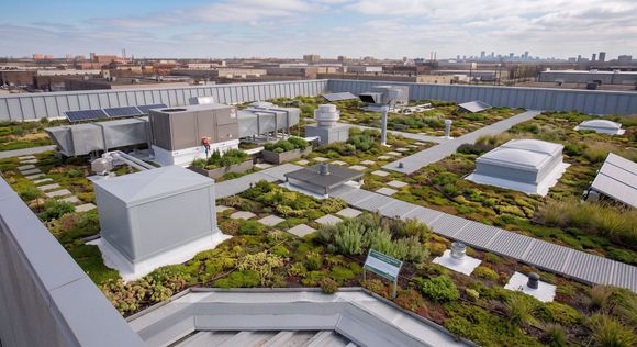 Aerial view of a rooftop garden with solar panels and white structures in an urban skyline.