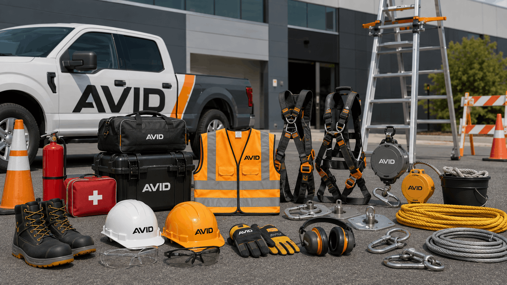 Avid-branded rescue gear and safety equipment arranged on pavement beside a vehicle and ladder.