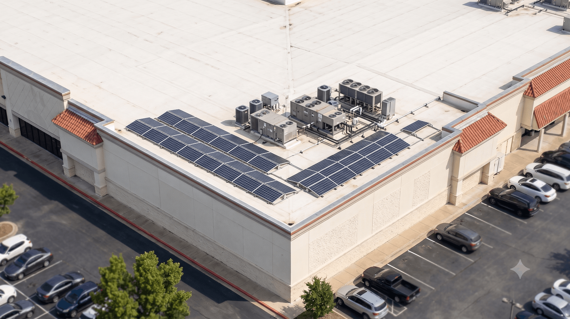 Aerial view of a building rooftop with solar panels and HVAC units, surrounded by parked cars.