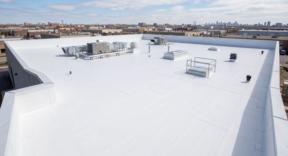 Wide white flat rooftop with HVAC units and city skyline in the distance