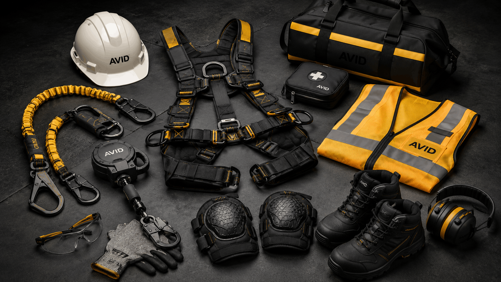 Construction safety gear laid out on a dark surface, including helmet, harness, gloves, boots, and high-vis vest.