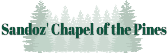 "Sandoz' Chapel of the Pines" logo. Dark green text over layered pine trees in a muted green shade.