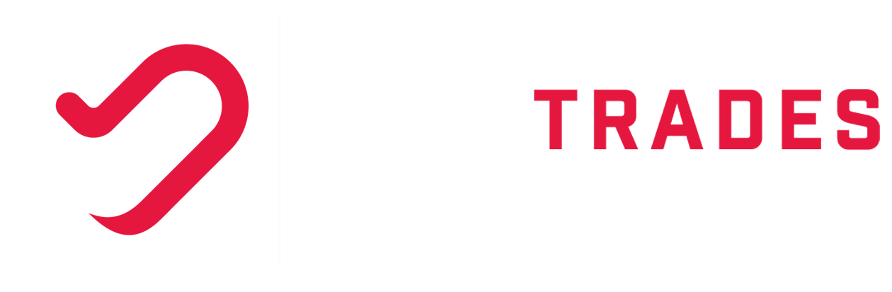 A red heart and the word trades on a white background.