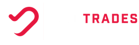A red heart and the word trades on a white background.